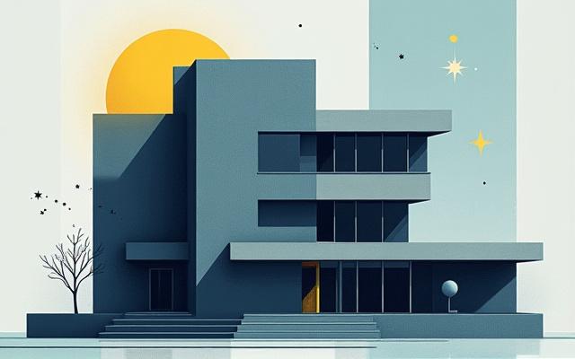 Ein abstrakter Bauhaus-Architekturblock mit geometrischen Formen und einer subtilen Darstellung von Sternen und Planeten, die die Verbindung zur Astrologie illustrieren.